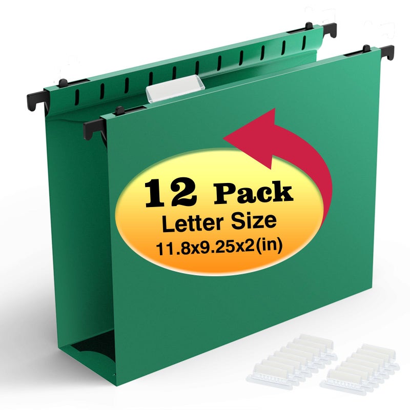 SHUTEX Extra Capacity Plastic Hanging File Folders 12 Pack Reinforced Hang Folder Heavy Duty 2 Inch Expansion Plastic Filing Cabinet Folders Letter Size Designed for Bulk Files  Medical Charts (Green) - Image 1